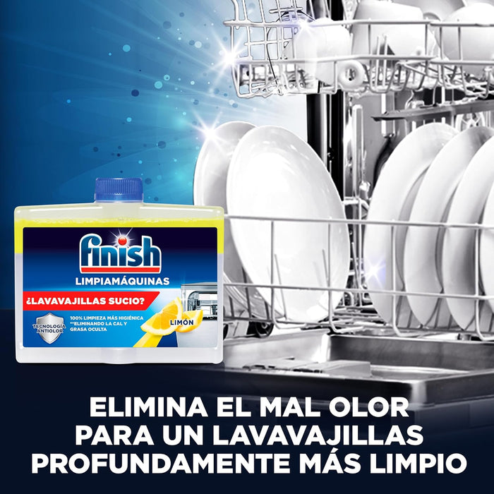 Finish Limpiamáquinas con Aroma a Limón, Pack de 4 x 250ml. Limpieza higiénica para tu lavavajillas que elimina la cal y la grasa oculta, dejando un refrescante perfume cítrico. Finish - uso