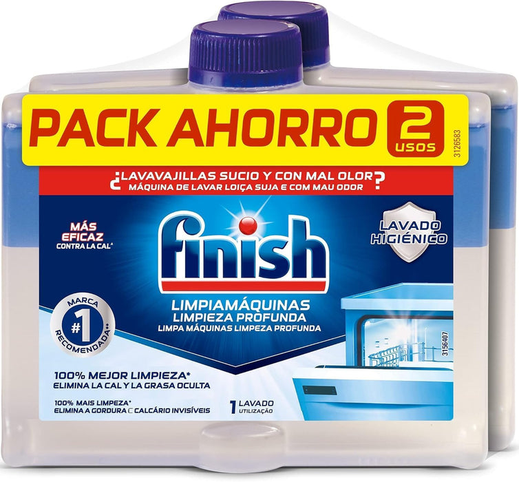 Finish Limpiamáquinas Integral para Lavavajillas, Lote de 6 x 250ml. Fórmula bifásica que disuelve la grasa y elimina la cal de las partes internas para un mantenimiento completo. Finish - detalle