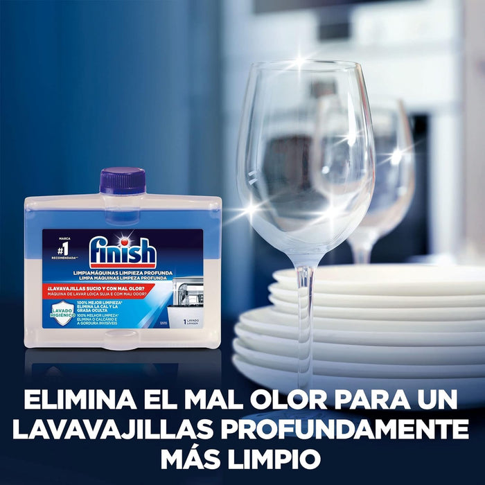 Finish Limpiamáquinas Integral para Lavavajillas, Lote de 6 x 250ml. Fórmula bifásica que disuelve la grasa y elimina la cal de las partes internas para un mantenimiento completo. Finish - presentacion