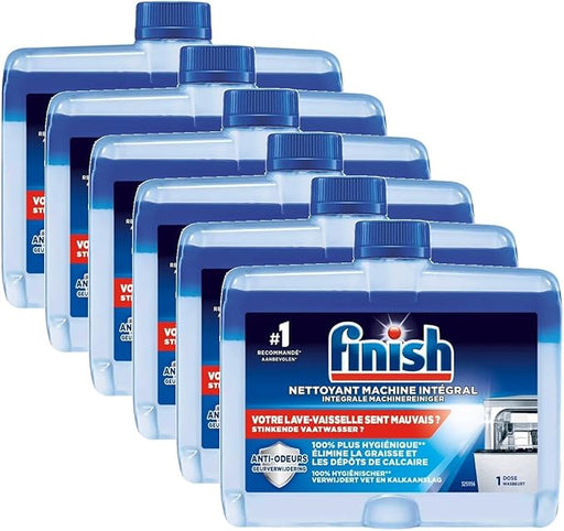Finish Limpiamáquinas Integral para Lavavajillas, Lote de 6 x 250ml. Fórmula bifásica que disuelve la grasa y elimina la cal de las partes internas para un mantenimiento completo. Finish - frontal