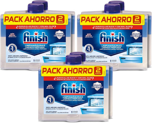 Finish Limpiamáquinas Integral para Lavavajillas, Lote de 6 x 250ml. Fórmula bifásica que disuelve la grasa y elimina la cal de las partes internas para un mantenimiento completo. Finish - pack