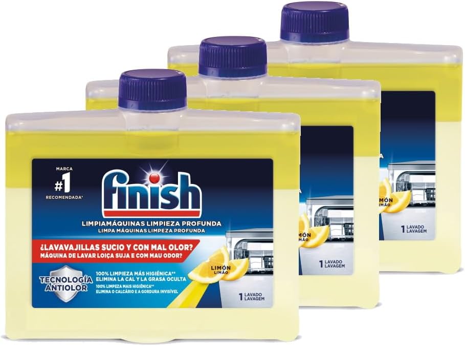 Finish Limpiamáquinas Líquido con Aroma a Limón, Pack de 3 x 250ml. Mantenimiento para 9 meses que elimina la cal y la grasa oculta, dejando un lavavajillas limpio y fresco. Finish - frontal