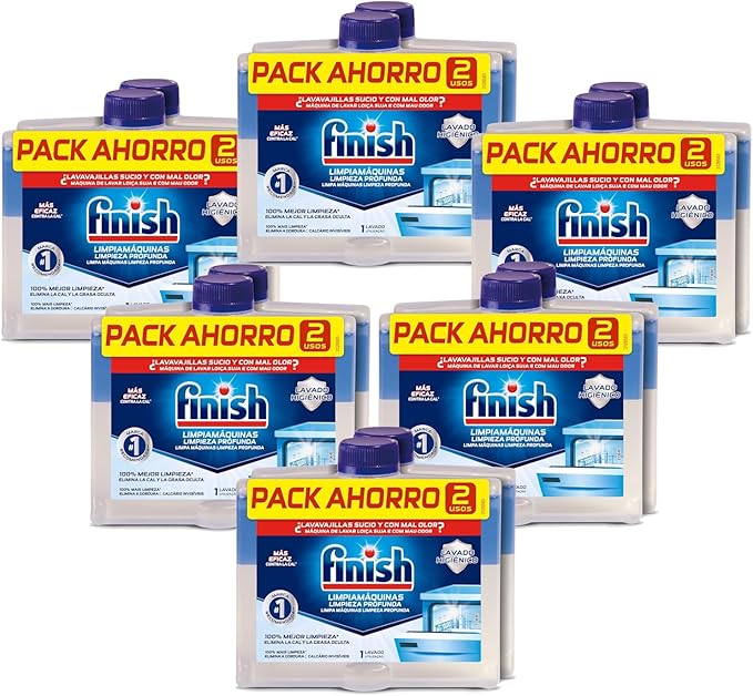 Finish Limpiamáquinas para Lavavajillas, Pack de 12 x 250ml. Elimina la cal, la grasa y el mal olor de las partes ocultas del lavaplatos para un funcionamiento y limpieza óptimos. Finish - frontal