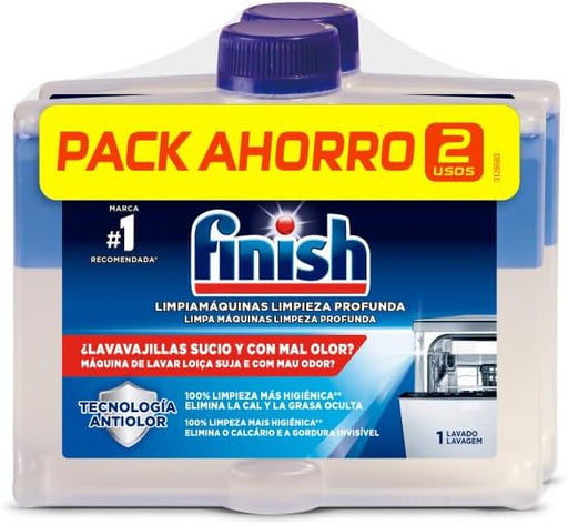 Finish Limpiamáquinas para Lavavajillas, Pack de 2 x 250ml. Elimina la cal, la grasa y el mal olor de las partes ocultas del lavaplatos para un funcionamiento y limpieza óptimos. Finish - frontal