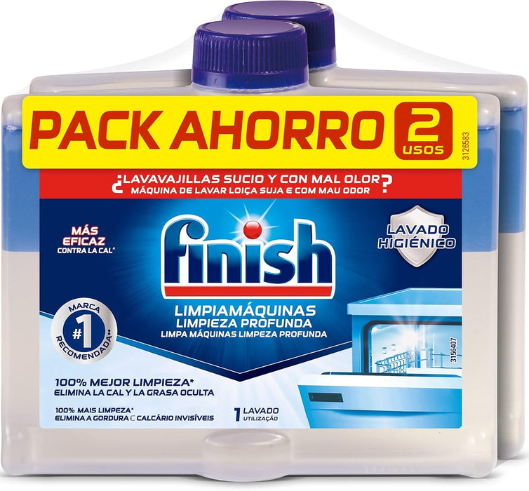 Finish Limpiamáquinas para Lavavajillas, Pack de 2 x 250ml. Elimina la cal, la grasa y el mal olor de las partes ocultas del lavaplatos para un funcionamiento y limpieza óptimos. Finish - presentacion