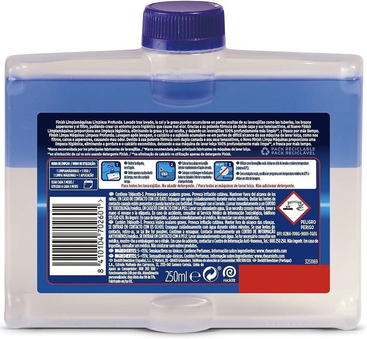 Finish Limpiamáquinas para Lavavajillas, Pack de 3 x 250ml. Elimina la cal, la grasa y el mal olor de las partes ocultas del lavaplatos para un funcionamiento y limpieza óptimos. Finish - extra