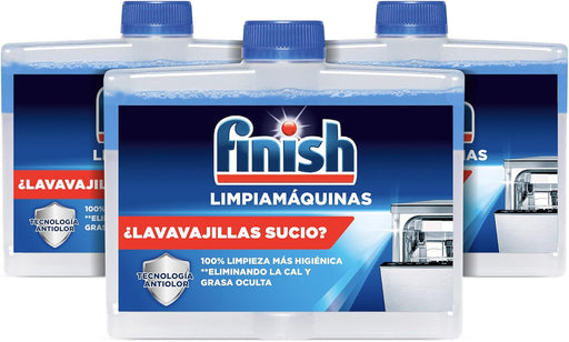 Finish Limpiamáquinas para Lavavajillas, Pack de 3 x 250ml. Elimina la cal, la grasa y el mal olor de las partes ocultas del lavaplatos para un funcionamiento y limpieza óptimos. Finish - frontal