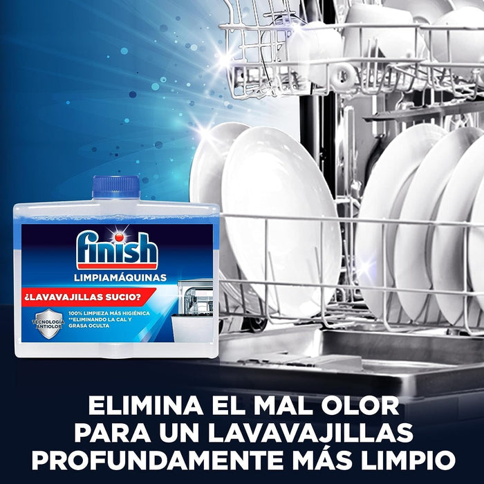Finish Limpiamáquinas para Lavavajillas, Pack de 3 x 250ml. Elimina la cal, la grasa y el mal olor de las partes ocultas del lavaplatos para un funcionamiento y limpieza óptimos. Finish - uso