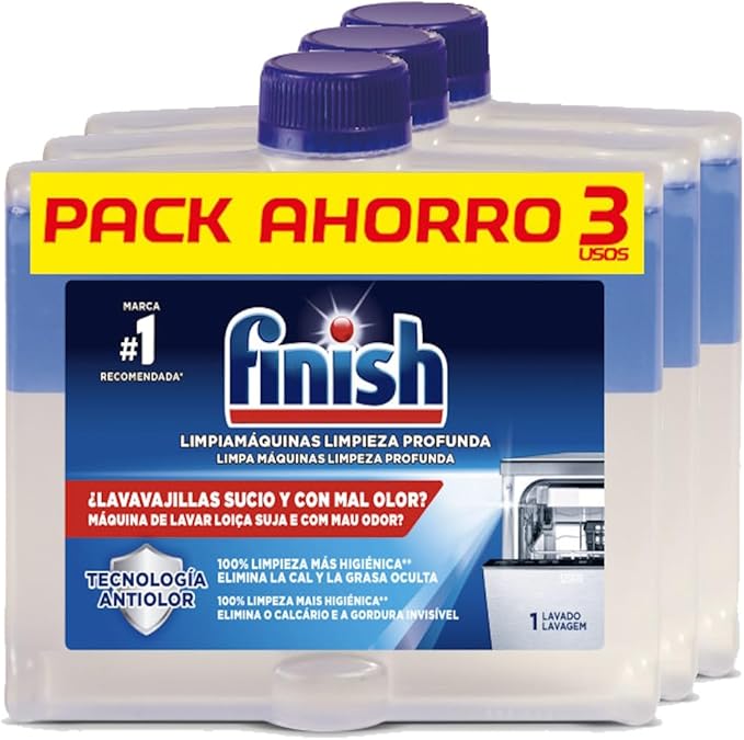 Finish Limpiamáquinas para Lavavajillas, Pack de 3 x 250ml. Elimina la cal, la grasa y el mal olor de las partes ocultas del lavaplatos para un funcionamiento y limpieza óptimos. Finish - zoom