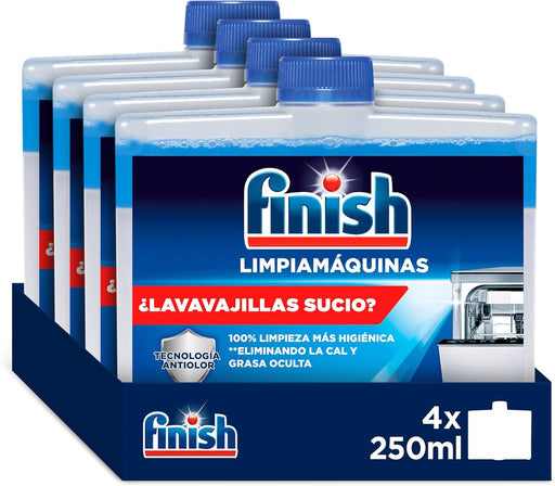 Finish Limpiamáquinas para Lavavajillas, Pack de 4 x 250ml. Elimina la cal, la grasa y el mal olor de las partes ocultas del lavaplatos para un funcionamiento y limpieza óptimos. Finish - frontal