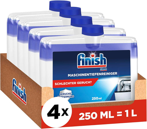 Finish Limpiamáquinas para Lavavajillas, Pack de 4 x 250ml. Elimina la cal, la grasa y el mal olor de las partes ocultas del lavaplatos para un funcionamiento y limpieza óptimos. Finish - pack