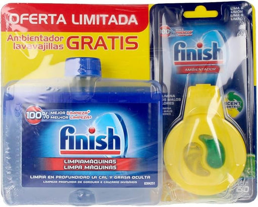 Finish Pack Cuidado Total para Lavavajillas, incluye 1 Limpiamáquinas de 250ml y 1 Ambientador. La solución 2 en 1 para una limpieza profunda y un frescor diario contra el mal olor. Finish - frontal