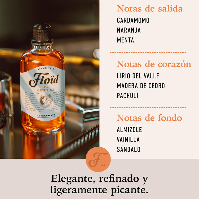 Loción After Shave Floïd The Genuine en formato grande de 400ml. Un bálsamo para después del afeitado con mentol que calma, tonifica, hidrata y regenera la piel. Floïd - detalle