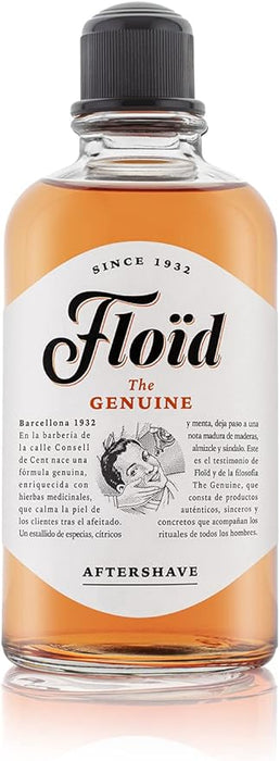 Loción After Shave Floïd The Genuine en formato grande de 400ml. Un bálsamo para después del afeitado con mentol que calma, tonifica, hidrata y regenera la piel. Floïd - frontal