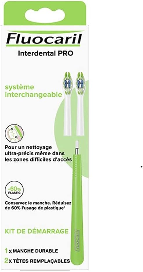 Fluocaril Interdental PRO, Cepillo de Dientes con Mango Reutilizable y 2 Cabezales Suaves. Un sistema de cepillado ecológico y de alta precisión que reduce el plástico y mejora tu higiene. Fluocaril - pack