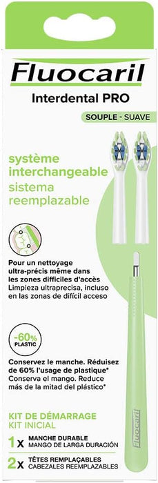Fluocaril Interdental PRO, Cepillo de Dientes con Mango Reutilizable y 2 Cabezales Suaves. Un sistema de cepillado ecológico y de alta precisión que reduce el plástico y mejora tu higiene. Fluocaril - detalle
