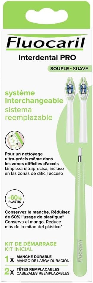 Fluocaril Interdental PRO, Cepillo de Dientes con Mango Reutilizable y 2 Cabezales Suaves. Un sistema de cepillado ecológico y de alta precisión que reduce el plástico y mejora tu higiene. Fluocaril - frontal