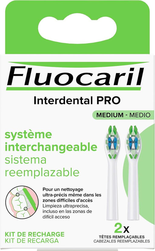 Fluocaril Recambios para Cepillo Interdental PRO, Dureza Media (Pack de 2). Renueva tu cepillo con estos cabezales de dureza media para una limpieza profunda y eficaz en zonas difíciles. Fluocaril - frontal