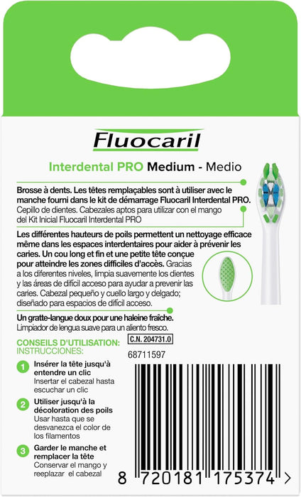 Fluocaril Recambios para Cepillo Interdental PRO, Dureza Media (Pack de 2). Renueva tu cepillo con estos cabezales de dureza media para una limpieza profunda y eficaz en zonas difíciles. Fluocaril - pack