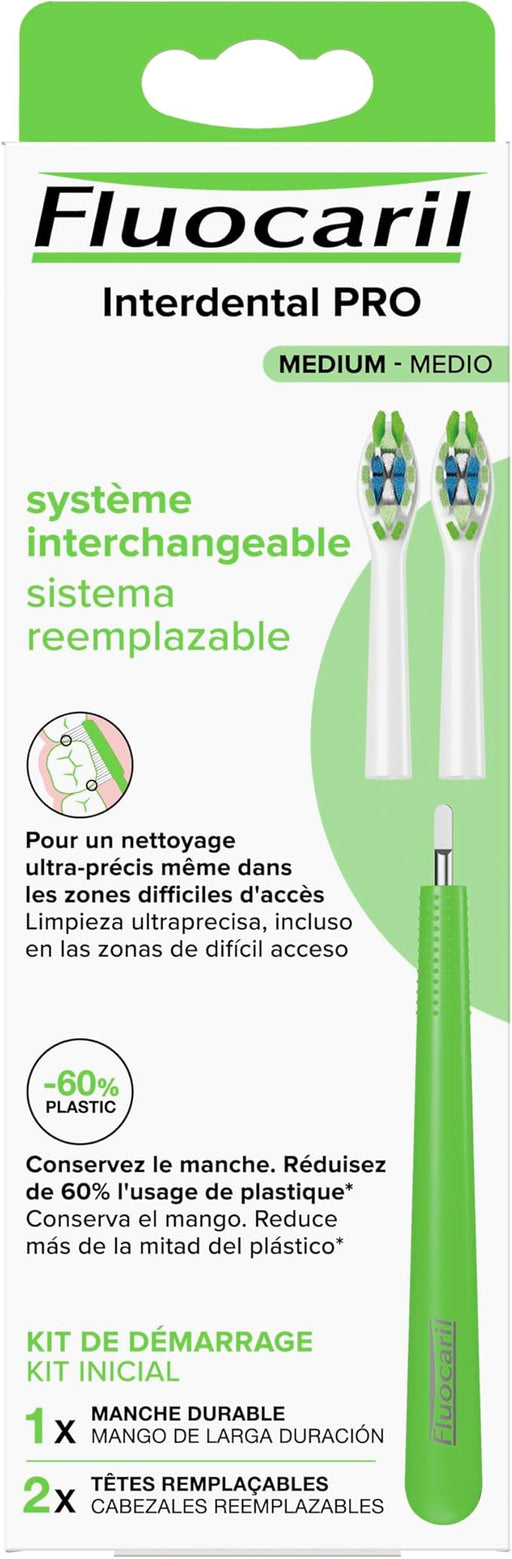 Kit de Cepillo de Dientes Fluocaril Interdental PRO de dureza Media. Incluye 1 mango duradero y 2 cabezales reemplazables para una limpieza interdental superior. Fluocaril - frontal