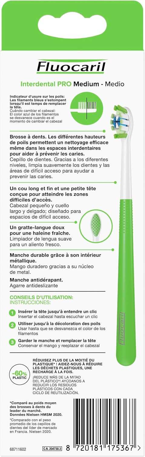 Kit de Cepillo de Dientes Fluocaril Interdental PRO de dureza Media. Incluye 1 mango duradero y 2 cabezales reemplazables para una limpieza interdental superior. Fluocaril - pack