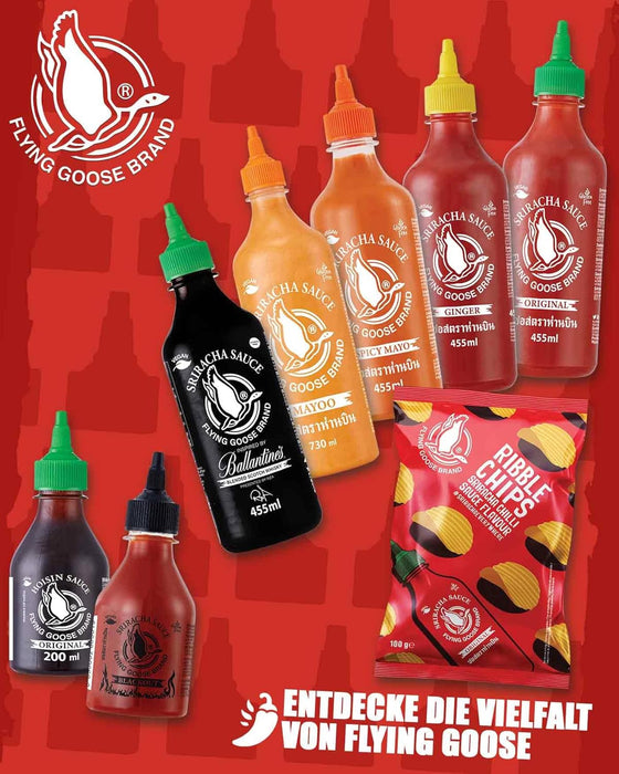 Flying Goose Sriracha Mayo, Mayonesa Picante Suave, 455ml. La fusión perfecta de la cremosidad de la mayonesa con el toque picante de la auténtica salsa Sriracha tailandesa. Flying Goose - lateral