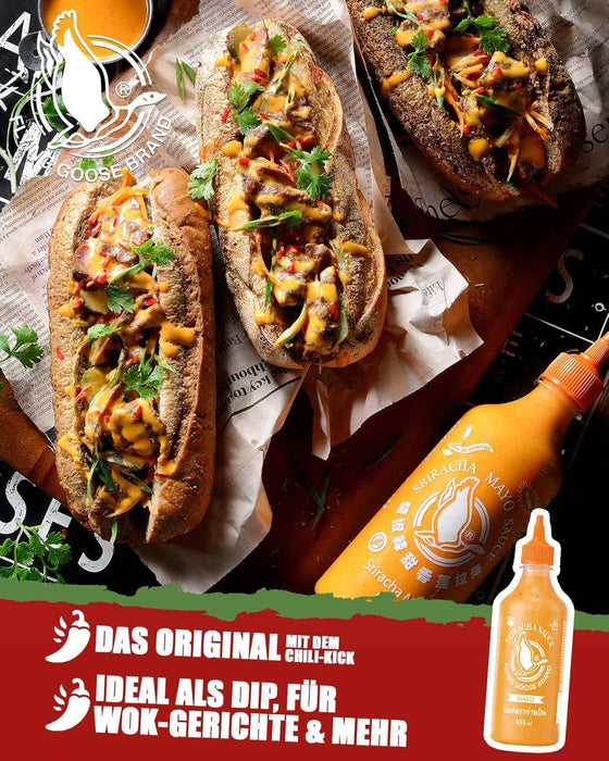 Flying Goose Sriracha Mayo, Mayonesa Picante Suave, 455ml. La fusión perfecta de la cremosidad de la mayonesa con el toque picante de la auténtica salsa Sriracha tailandesa. Flying Goose - detalle