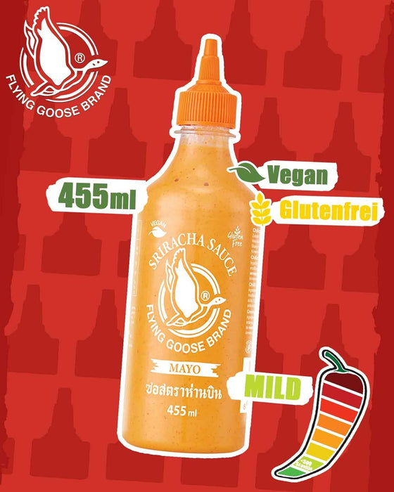 Flying Goose Sriracha Mayo, Mayonesa Picante Suave, 455ml. La fusión perfecta de la cremosidad de la mayonesa con el toque picante de la auténtica salsa Sriracha tailandesa. Flying Goose - pack