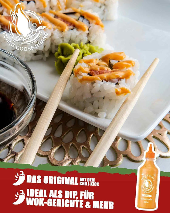 Flying Goose Sriracha Mayo, Mayonesa Picante Suave, 455ml. La fusión perfecta de la cremosidad de la mayonesa con el toque picante de la auténtica salsa Sriracha tailandesa. Flying Goose - ingredientes