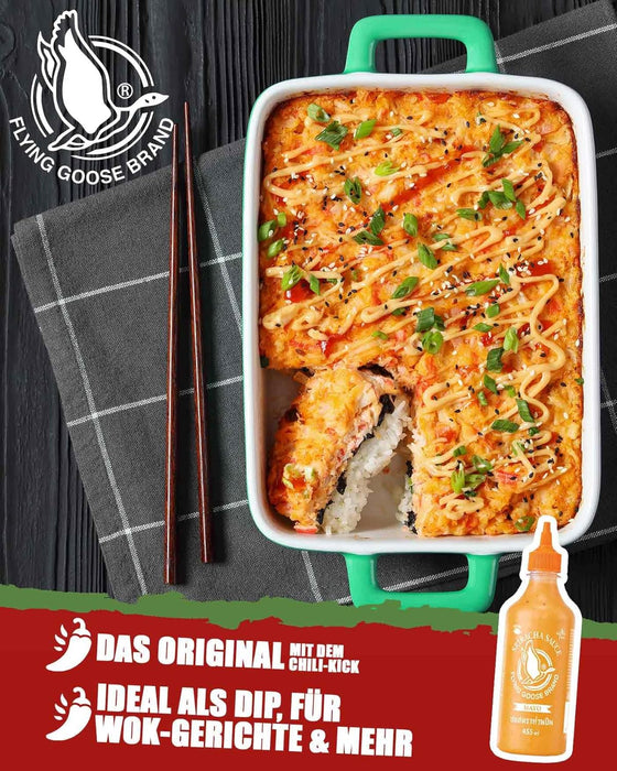 Flying Goose Sriracha Mayo, Mayonesa Picante Suave, 455ml. La fusión perfecta de la cremosidad de la mayonesa con el toque picante de la auténtica salsa Sriracha tailandesa. Flying Goose - uso
