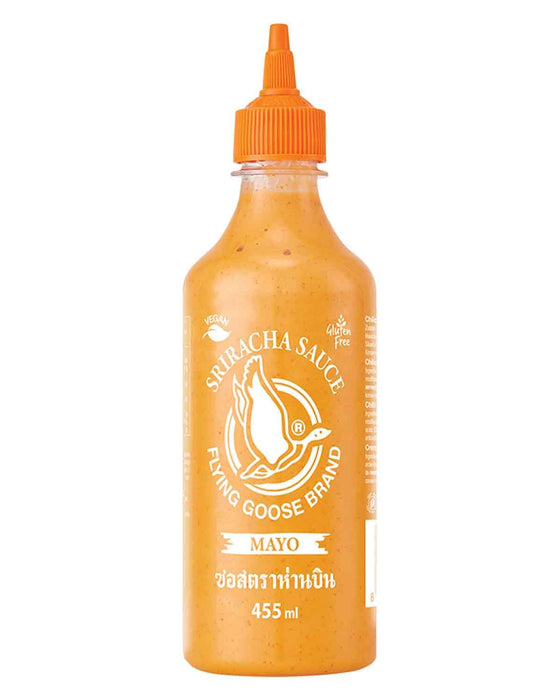 Flying Goose Sriracha Mayo, Mayonesa Picante Suave, 455ml. La fusión perfecta de la cremosidad de la mayonesa con el toque picante de la auténtica salsa Sriracha tailandesa. Flying Goose - frontal