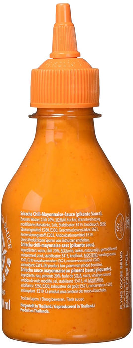 Salsa Sriracha Mayo Flying Goose (200 ml). La fusión perfecta de mayonesa cremosa y el auténtico picante de la salsa de chile Sriracha. Ideal para dipear y aderezar. Flying Goose - extra