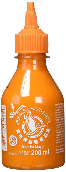 Salsa Sriracha Mayo Flying Goose (200 ml). La fusión perfecta de mayonesa cremosa y el auténtico picante de la salsa de chile Sriracha. Ideal para dipear y aderezar. Flying Goose - presentacion