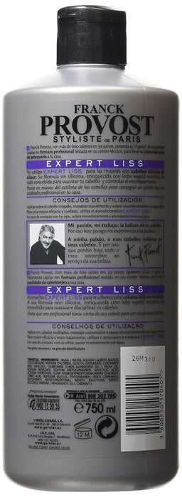 Franck Provost Champú Expert Lissage, 750ml. Tratamiento profesional enriquecido con proteína de leche para un alisado perfecto, control del encrespamiento y un brillo sublime. Franck Provost - pack