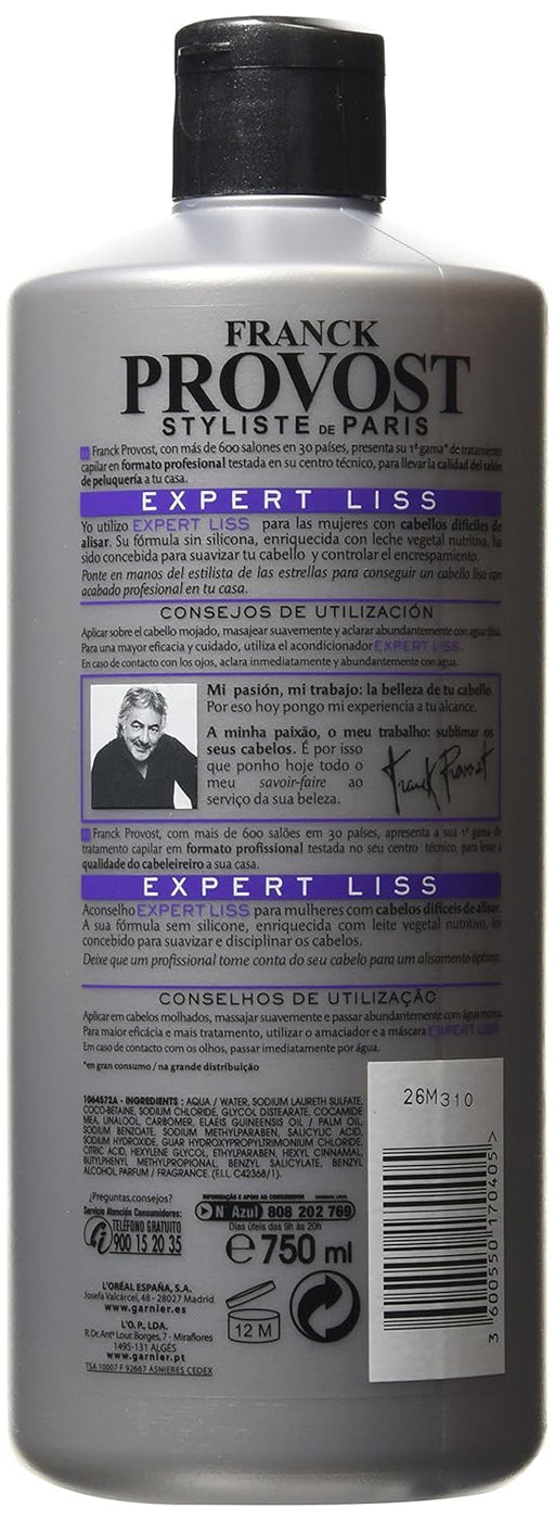 Franck Provost Champú Expert Lissage, 750ml. Tratamiento profesional enriquecido con proteína de leche para un alisado perfecto, control del encrespamiento y un brillo sublime. Franck Provost - pack