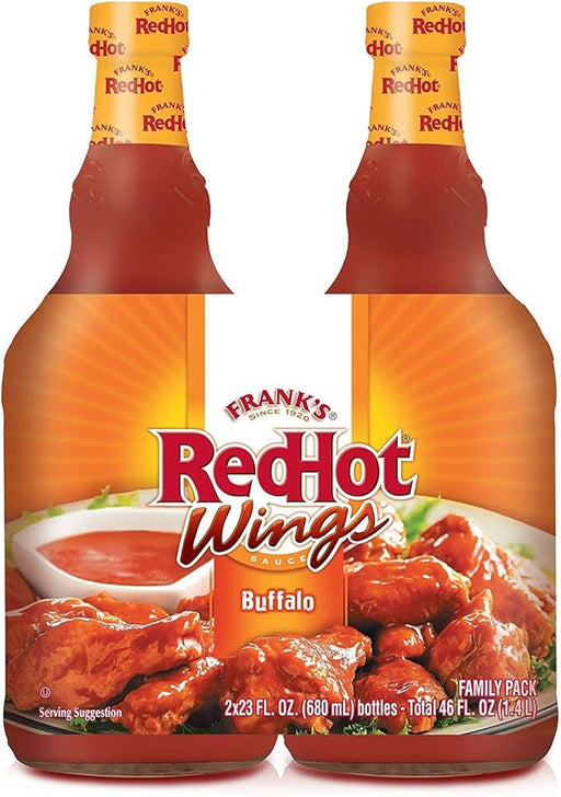 Pack de 2 Salsas Frank's RedHot Buffalo Wings (1360 ml en total). La auténtica salsa americana para alitas, con el equilibrio perfecto de picante y sabor a pimiento y ajo. Frank's Redhot - frontal