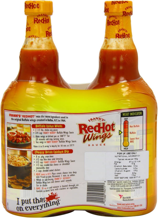 Pack de 2 Salsas Frank's RedHot Buffalo Wings (1360 ml en total). La auténtica salsa americana para alitas, con el equilibrio perfecto de picante y sabor a pimiento y ajo. Frank's Redhot - ingredientes