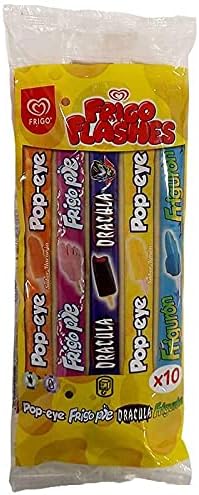 Flash Frigo: Polos Líquidos para Congelar. Pack de 60 Polines con Sabores Clásicos Surtidos de Frigo. Incluye 3 FRIGOPIE, 3 DRACULA, 2 FRIGURON y 2 POPEYE por bolsa. Frigo - frontal