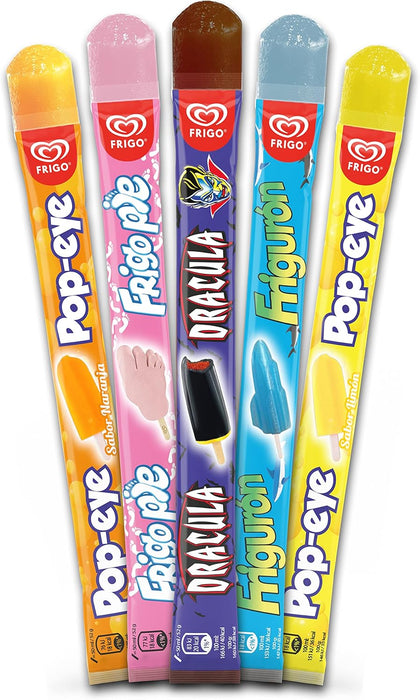 Frigo Flashes Mix, Pack de 10 Polos para Congelar (10x50ml). Disfruta de los helados más míticos de Frigo en formato flash: Drácula, Frigo Pie, Frigurón y Popeye. Sin gluten y sin lactosa. Frigo - lateral