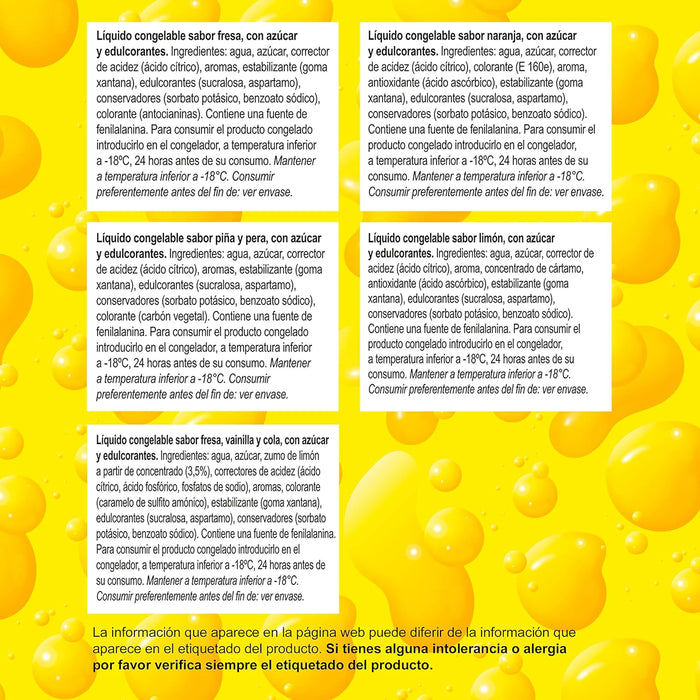 Frigo Flashes Mix, Pack de 10 Polos para Congelar (10x50ml). Disfruta de los helados más míticos de Frigo en formato flash: Drácula, Frigo Pie, Frigurón y Popeye. Sin gluten y sin lactosa. Frigo - ingredientes
