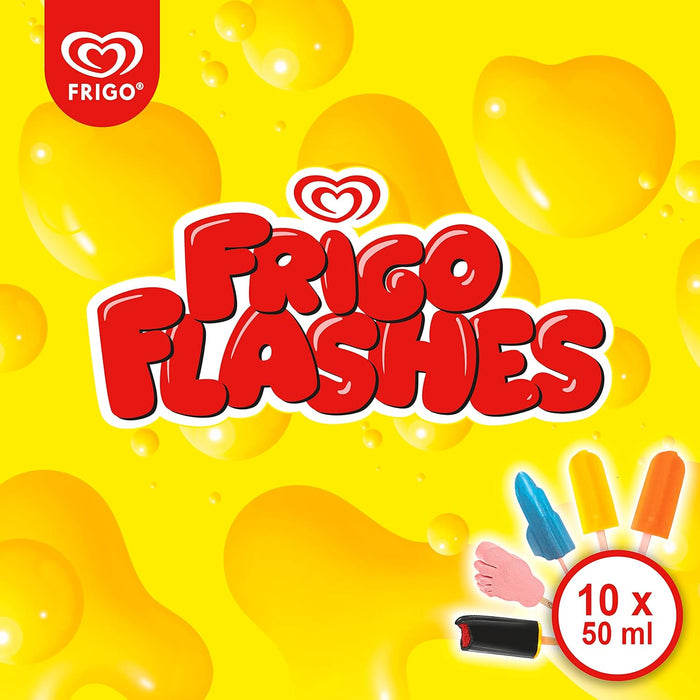 Frigo Flashes Mix, Pack de 10 Polos para Congelar (10x50ml). Disfruta de los helados más míticos de Frigo en formato flash: Drácula, Frigo Pie, Frigurón y Popeye. Sin gluten y sin lactosa. Frigo - presentacion