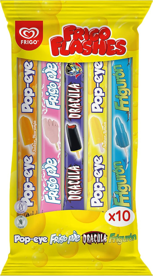 Frigo Flashes Mix, Pack de 10 Polos para Congelar (10x50ml). Disfruta de los helados más míticos de Frigo en formato flash: Drácula, Frigo Pie, Frigurón y Popeye. Sin gluten y sin lactosa. Frigo - frontal