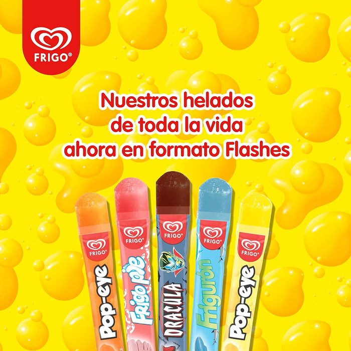 Frigo Flashes Mix, Pack de 10 Polos para Congelar (10x50ml). Disfruta de los helados más míticos de Frigo en formato flash: Drácula, Frigo Pie, Frigurón y Popeye. Sin gluten y sin lactosa. Frigo - extra