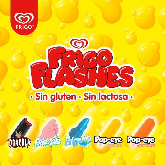 Frigo Flashes Mix, Pack de 10 Polos para Congelar (10x50ml). Disfruta de los helados más míticos de Frigo en formato flash: Drácula, Frigo Pie, Frigurón y Popeye. Sin gluten y sin lactosa. Frigo - detalle