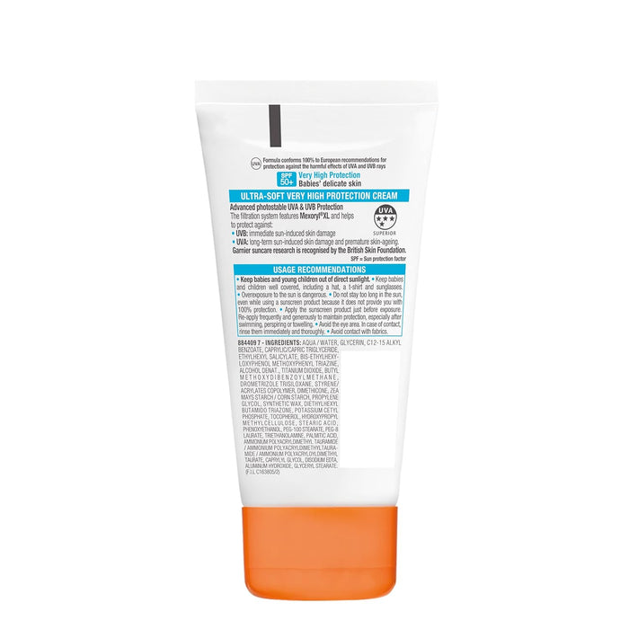 Garnier Ambre Solaire Bebé en la Sombra Crema Protectora Ultra Suave FP50+ (50ml): Especialmente formulada para proteger de los rayos indirectos del sol. Garnier - detalle