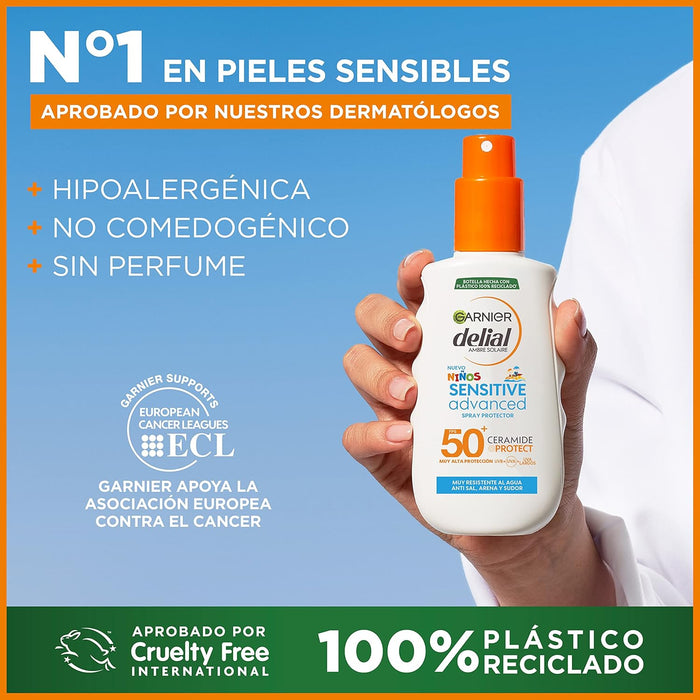 Garnier Ambre Solaire Kids Sensitive Expert+ Spray Protector Solar para Niños SPF 50+, 150 ml. Impermeable, resistente a la arena e ideal para la piel sensible infantil. Garnier - detalle
