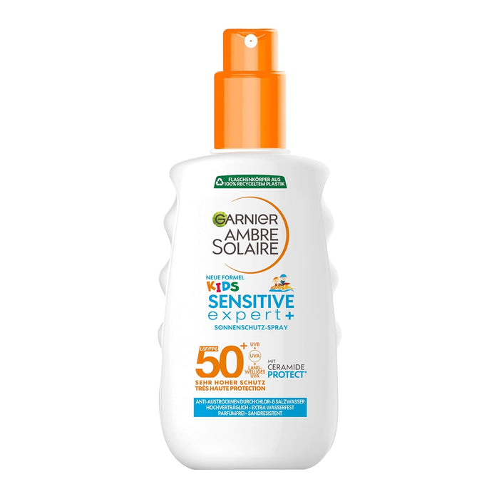 Garnier Ambre Solaire Kids Sensitive Expert+ Spray Protector Solar para Niños SPF 50+, 150 ml. Impermeable, resistente a la arena e ideal para la piel sensible infantil. Garnier - extra