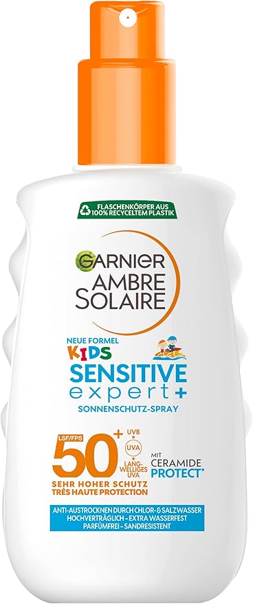 Garnier Ambre Solaire Kids Sensitive Expert+ Spray Protector Solar para Niños SPF 50+, 150 ml. Impermeable, resistente a la arena e ideal para la piel sensible infantil. Garnier - frontal