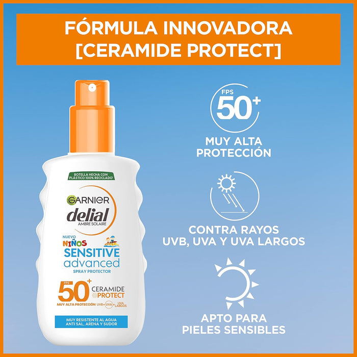 Garnier Ambre Solaire Kids Sensitive Expert+ Spray Protector Solar para Niños SPF 50+, 150 ml. Impermeable, resistente a la arena e ideal para la piel sensible infantil. Garnier - ingredientes