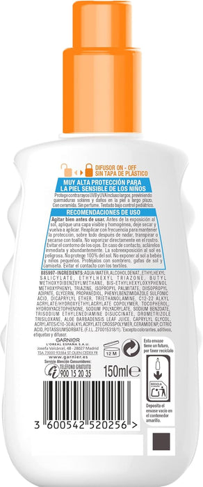 Garnier Ambre Solaire Kids Sensitive Expert+ Spray Protector Solar para Niños SPF 50+, 150 ml. Impermeable, resistente a la arena e ideal para la piel sensible infantil. Garnier - pack